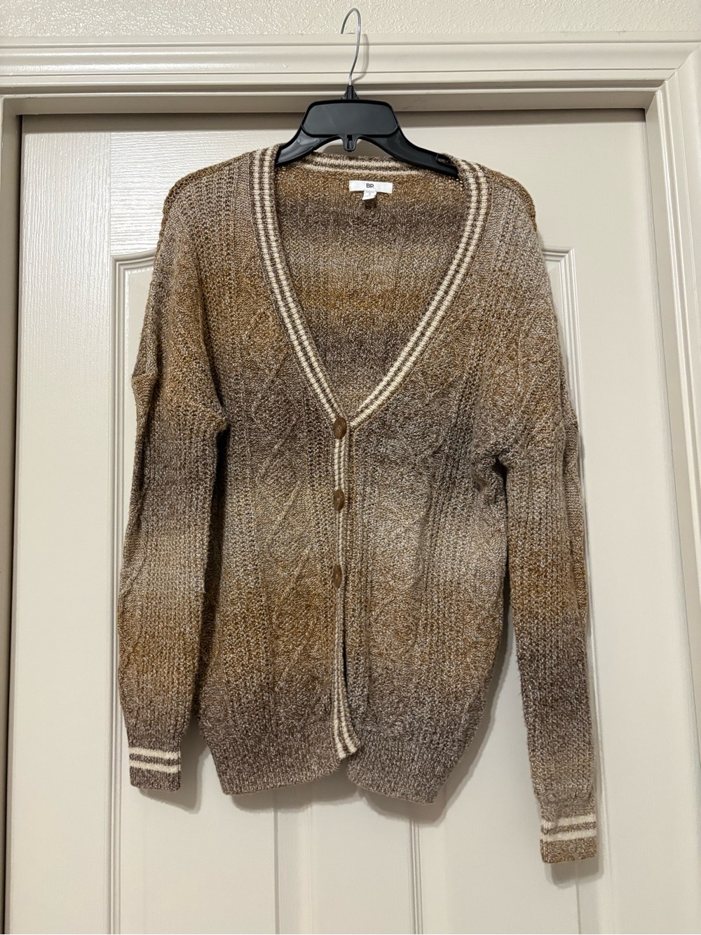 bp Brown Gradient Cable-Knit Button Cardigan with Striped Trim